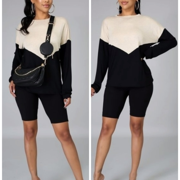Taupe & Black Chevron Long Sleeve Biker Shorts Set - Picture 3 of 7